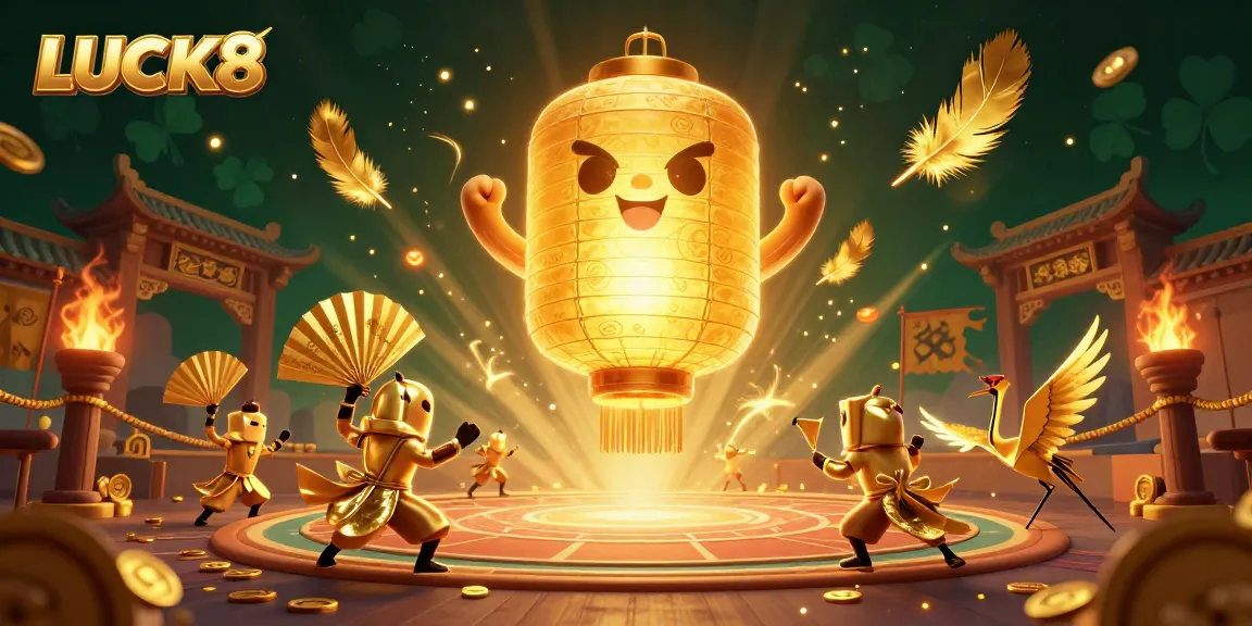 Experience LUCK8's vibrant casino scene with a glowing lantern spirit and golden companions.