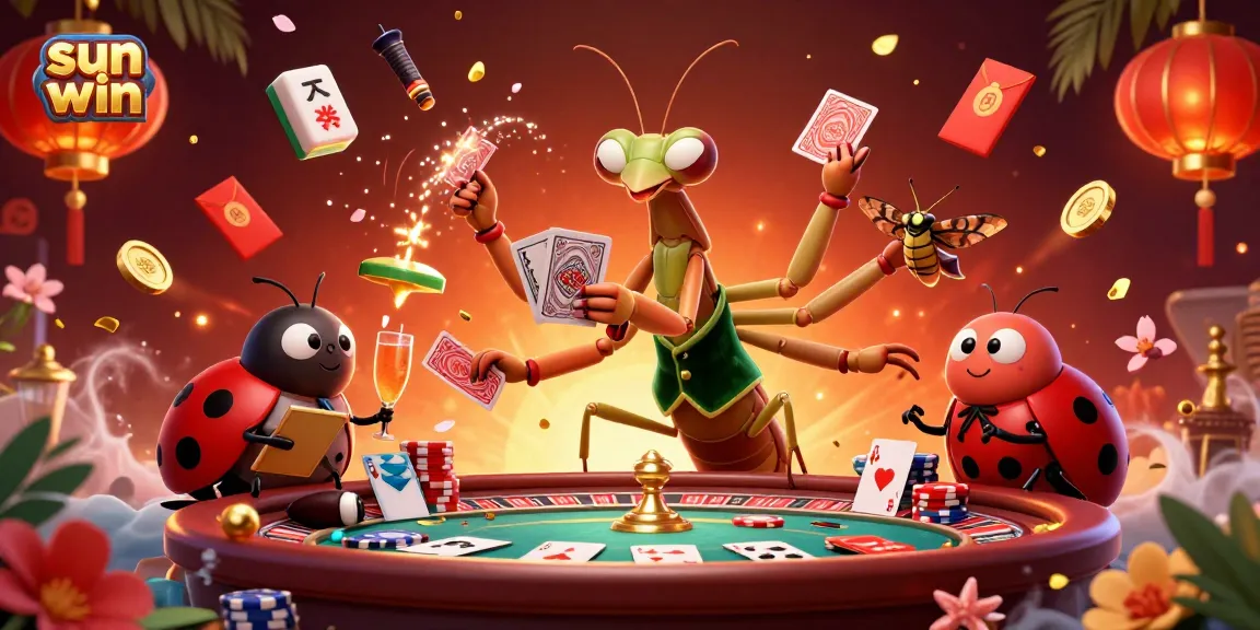 Engage in thrilling gaming action at sun win with vibrant casino elements featuring roulette, cards, and festive decorations.
