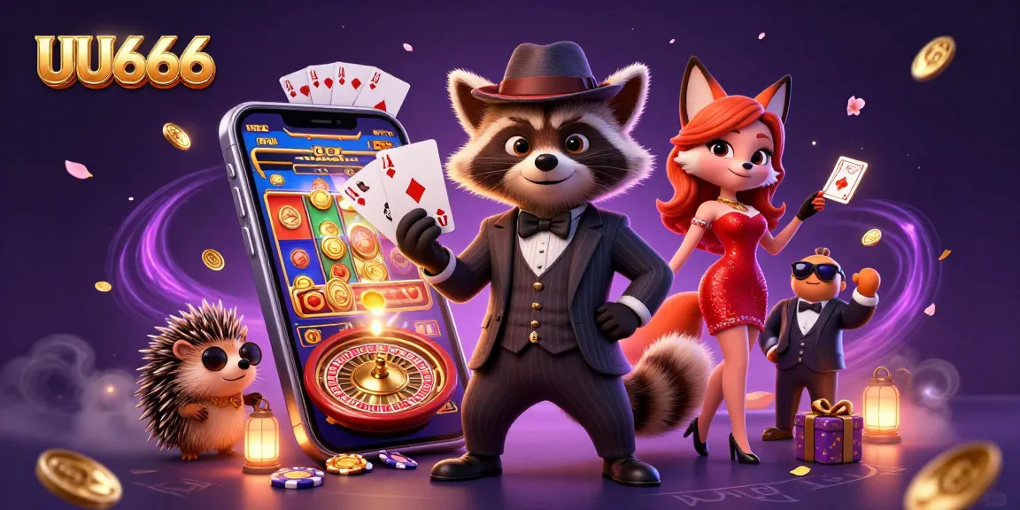 Engage with UU666's thrilling casino atmosphere featuring raccoon, fox, and hedgehog characters amidst vivid game elements.