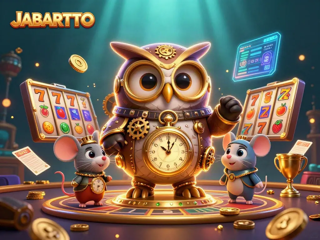 Permainan slot JABARTOTO dengan karakter binatang kartun mendukung suasana kasino futuristik.