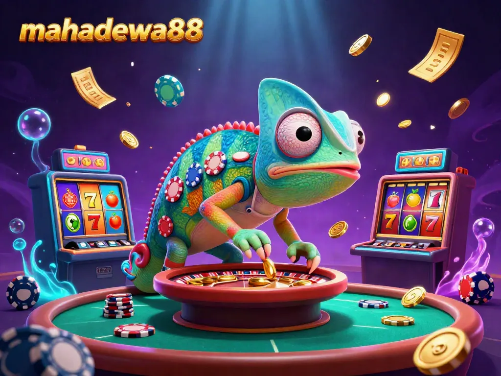 Engage with mahadewa88's lively chameleon casino owner surrounded by dynamic slot game elements.