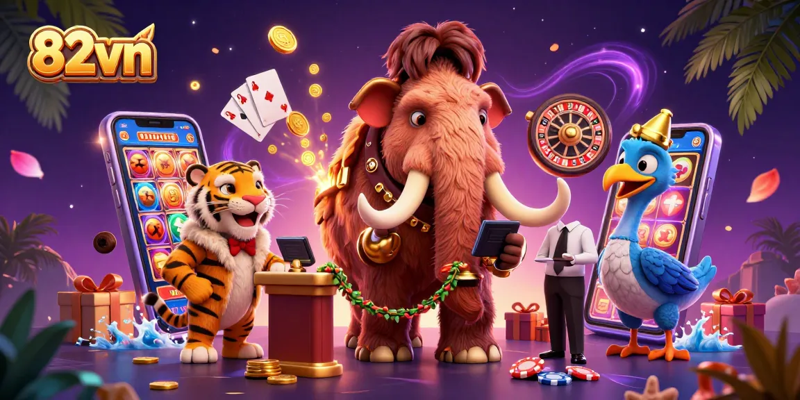 Embark on thrilling bets at 82vn with a vibrant casino scene including a woolly mammoth bouncer and slot games.