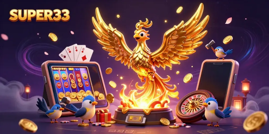 SUPER33 menampilkan phoenix emas dan slot online meriah dalam ilustrasi 3D yang mendebarkan.