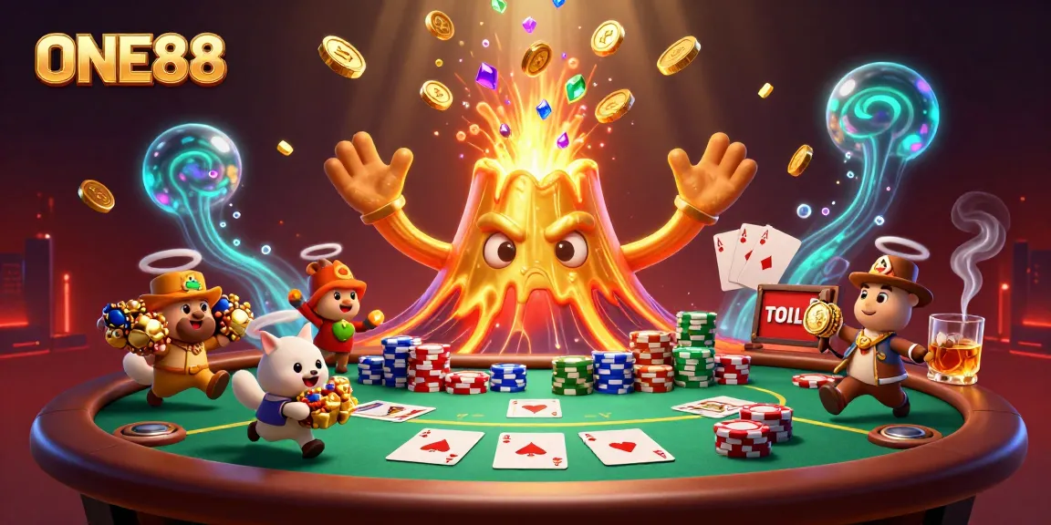 ONE88 golden volcano erupts treasure amidst poker excitement in a captivating casino scene.