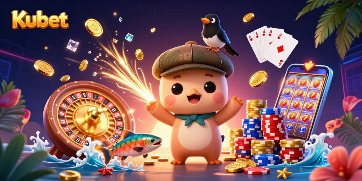 Kubet features a playful Nessie with a magpie amidst vibrant casino elements and gold coins.