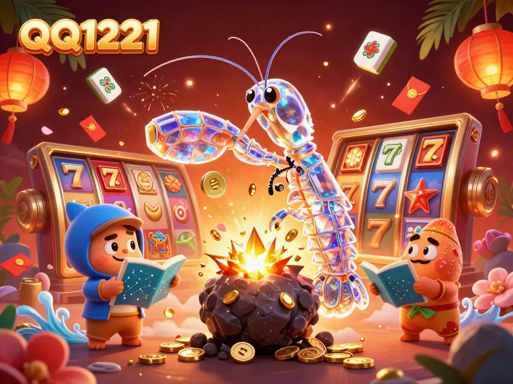 QQ1221 slot game scene with a galactic mantis shrimp and starfish amidst golden coins and vibrant casino elements