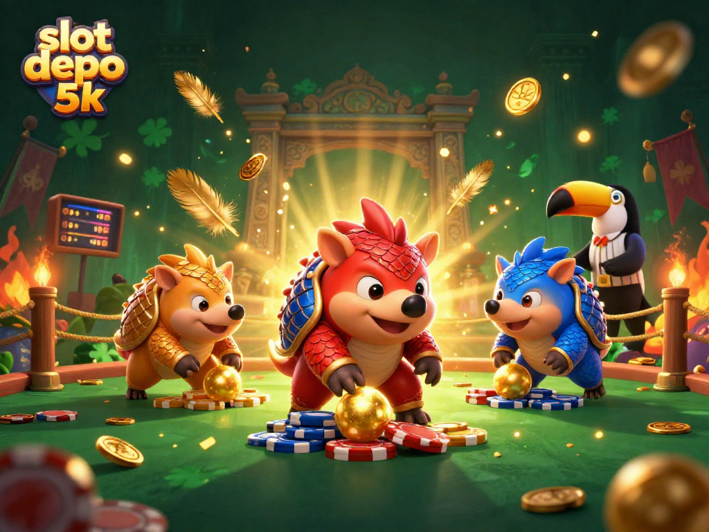 Experience thrilling moments in slot depo 5k with vibrant pangolin characters rolling golden balls.