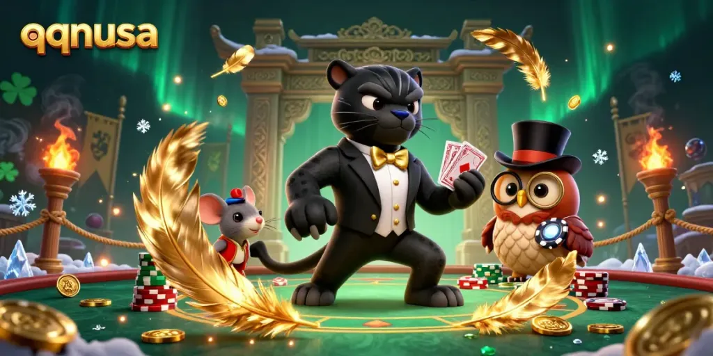 Experience thrilling gameplay at qqnusa with a stylish panther dealer, owl, and lucky mouse amid vibrant casino elements.