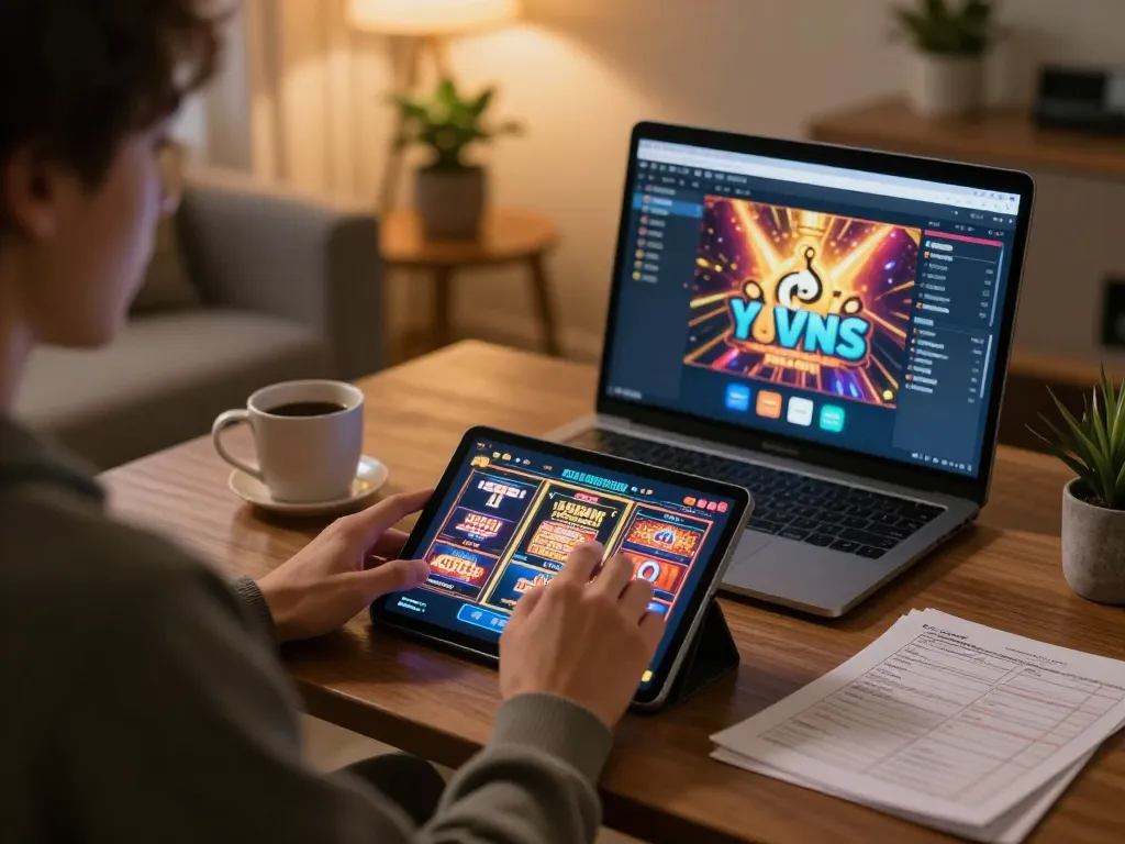 Engaging with abc8go slots in a cozy home setting, showcasing responsible gaming habits.