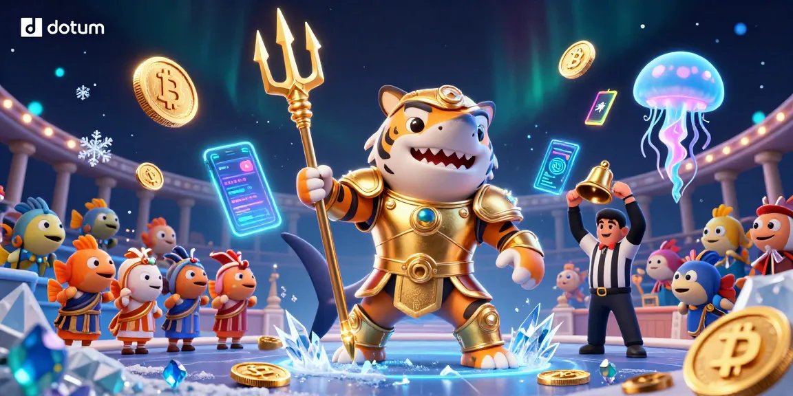 Engage with datum’s thrilling underwater casino illustrated scene featuring a shark gladiator amidst animated cryptocurrency elements.