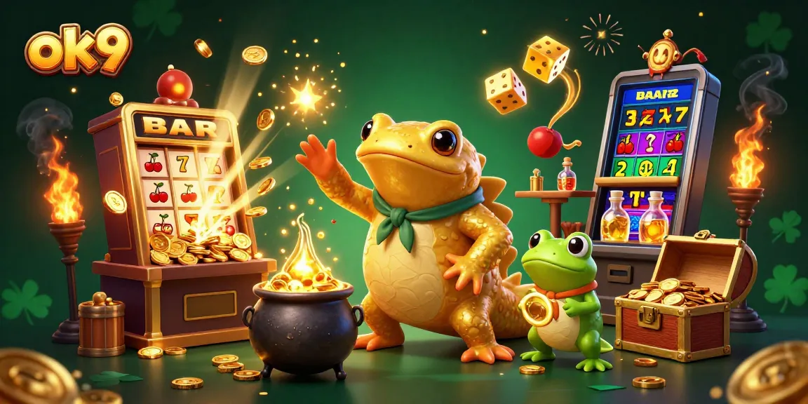 Experience the thrill of ok9 casino gaming with golden coins and vibrant slot machines.