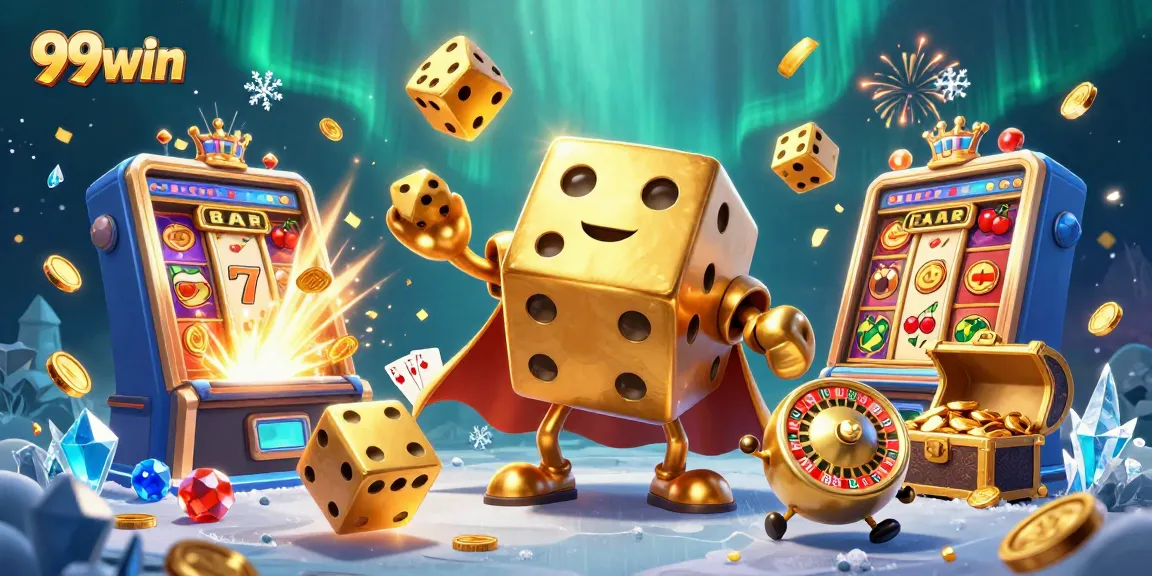 Win big with 99win as cartoon dice juggle and slot machines burst with jackpots.