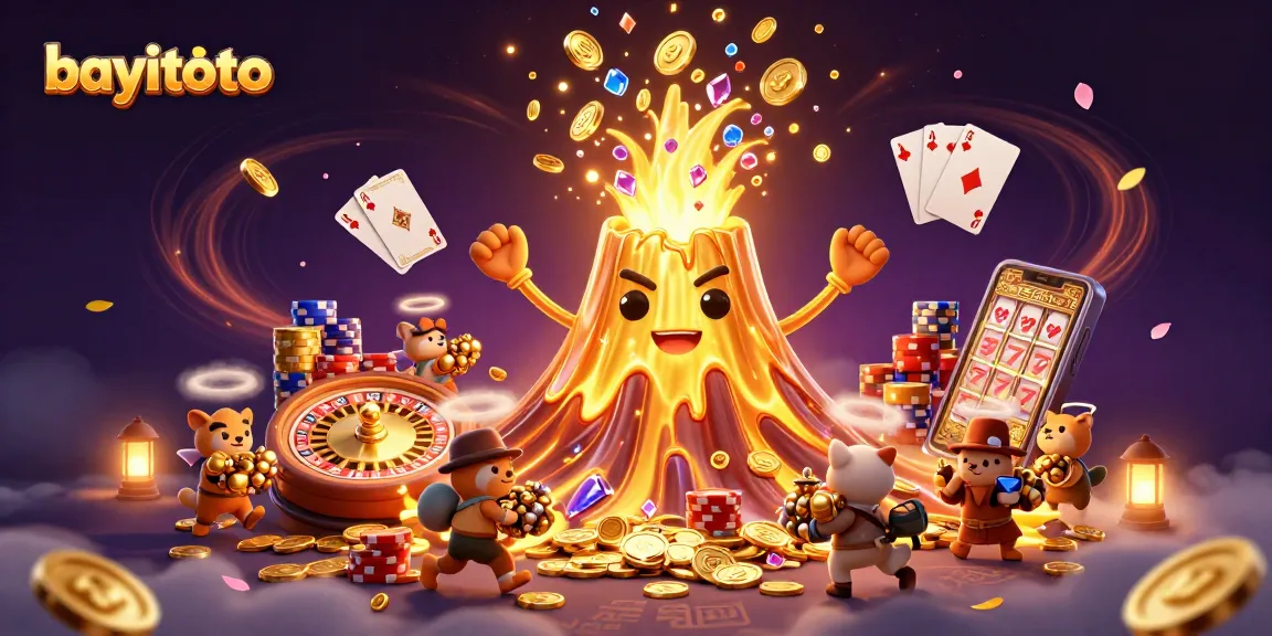 Experience thrilling wins at bayitoto with a 3D golden volcano unleashing treasure in a vibrant casino setting.