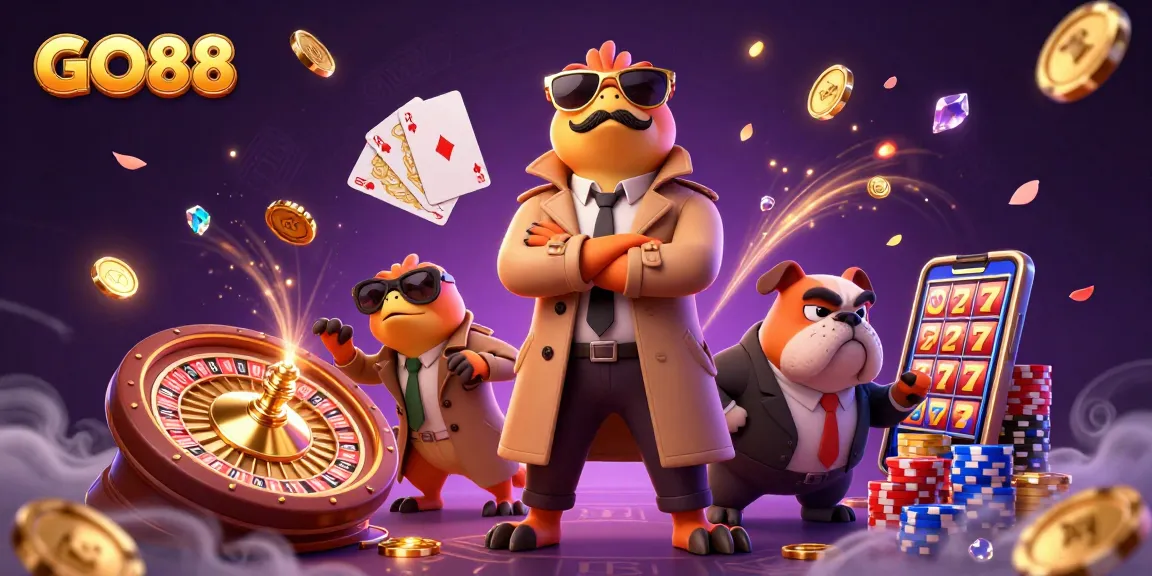 Experience the excitement of GO88 with a vibrant casino scene featuring cartoon raptors and dynamic game elements