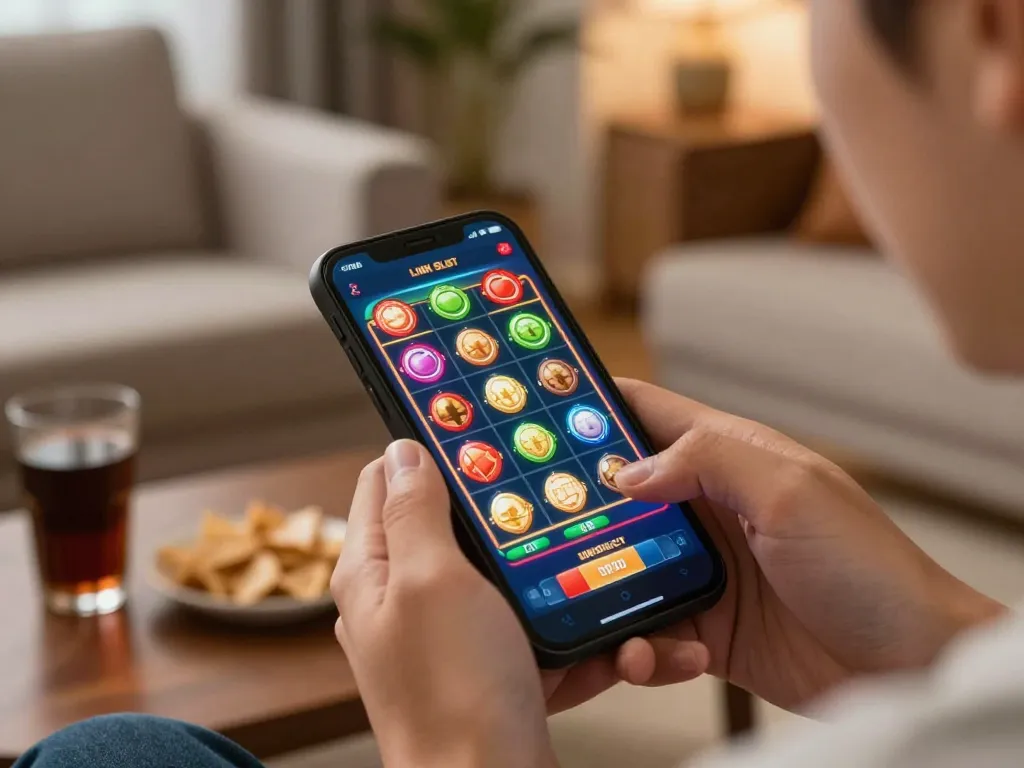 Engaging mobile gameplay on Link Slot showing colorful slots and intense player focus.