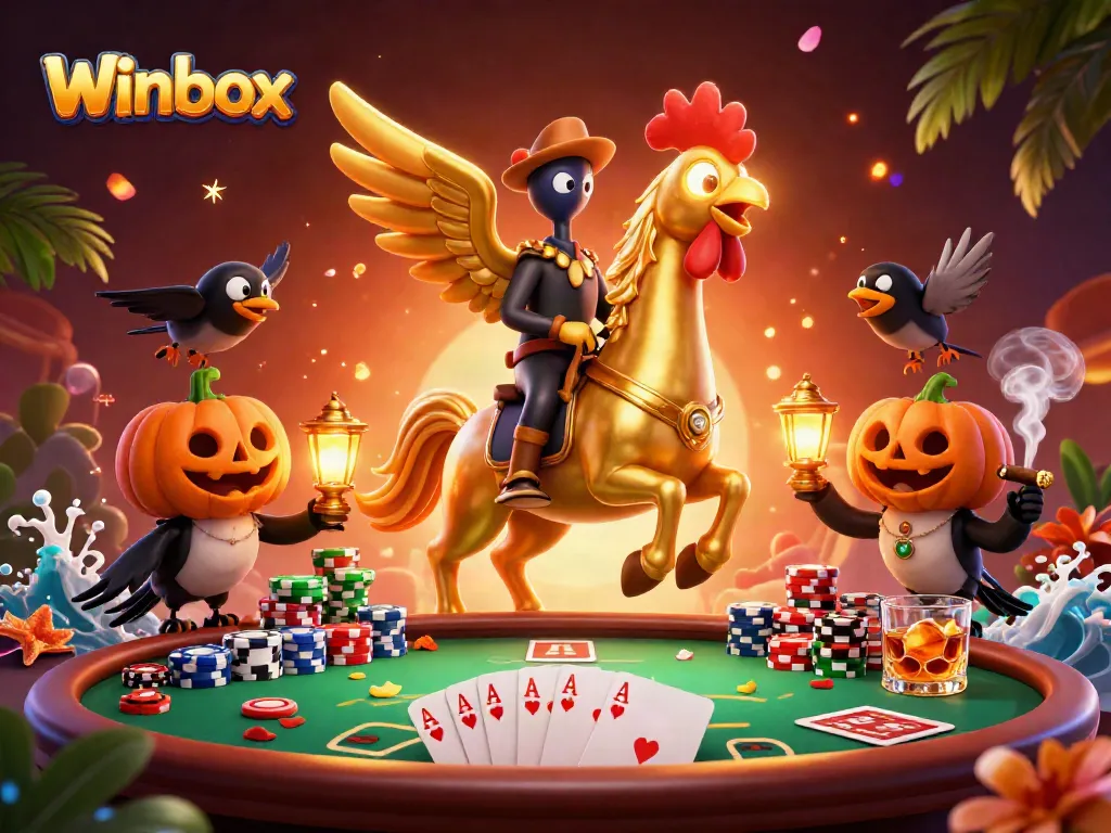 Experience the thrill of Winbox with a golden rooster amidst a vibrant casino scene