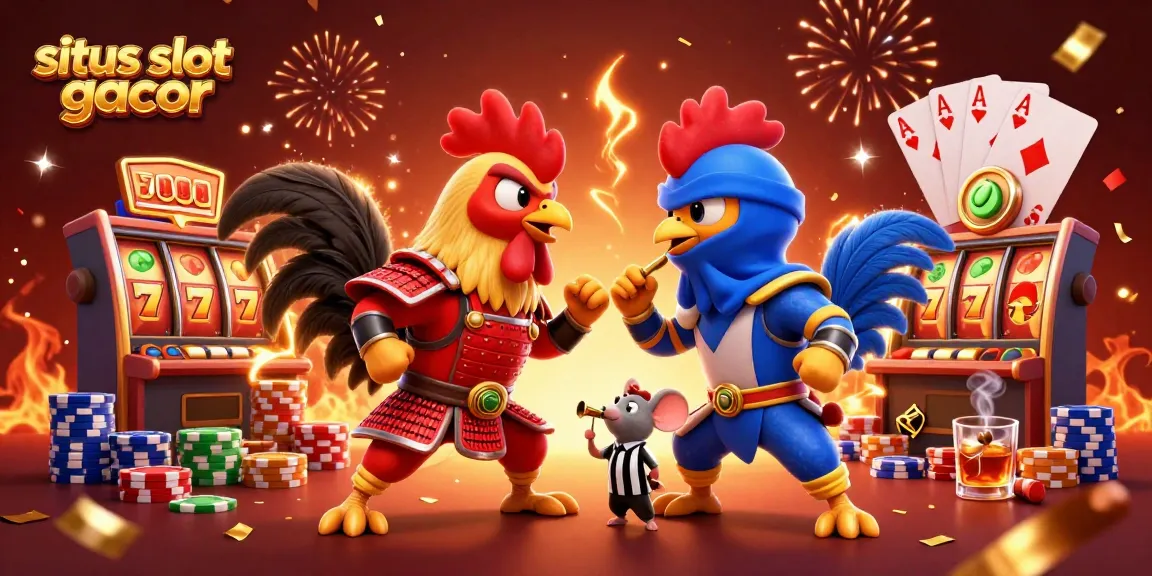 Experience situs slot gacor with a vibrant 3D clash of roosters amid colorful slot reels and chips.