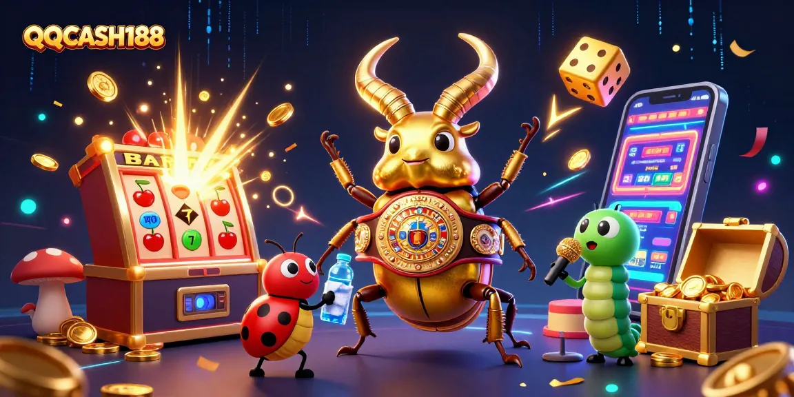 Engage with QQCASH188 in this vibrant casino illustration featuring a beetle champion!