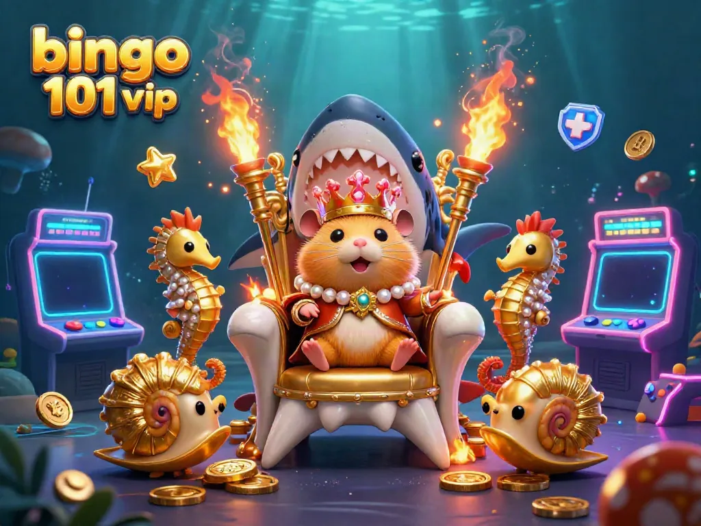Ikon bingo 101 vip yang menampilkan raja hamster emas di singgasana gigi hiu dan penjaga kuda laut.