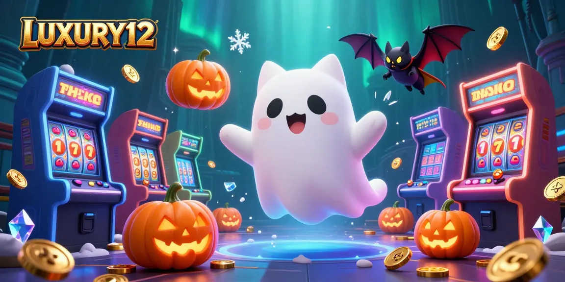 LUXURY12 gaming experience with a ghost cat and bat in a vibrant casino scene.
