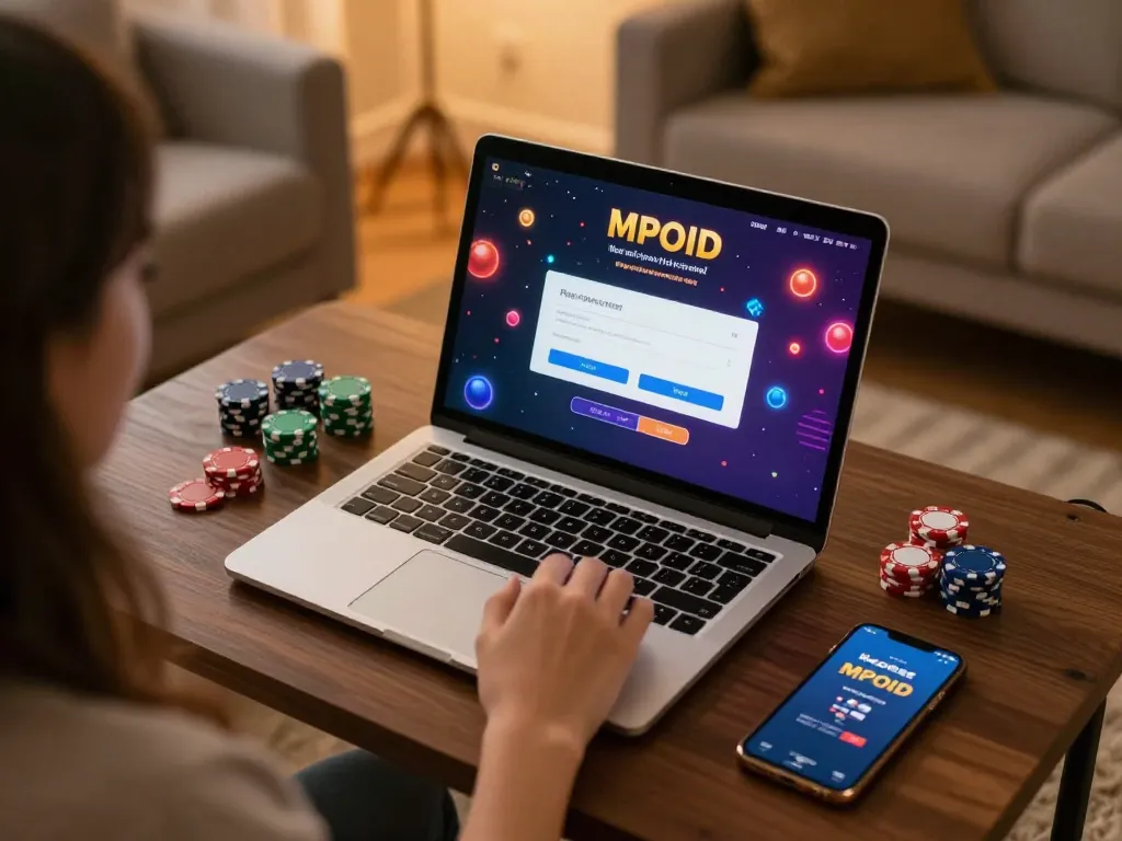 Engaging MPOID login scene depicting a vibrant online casino setup with focused player interaction.