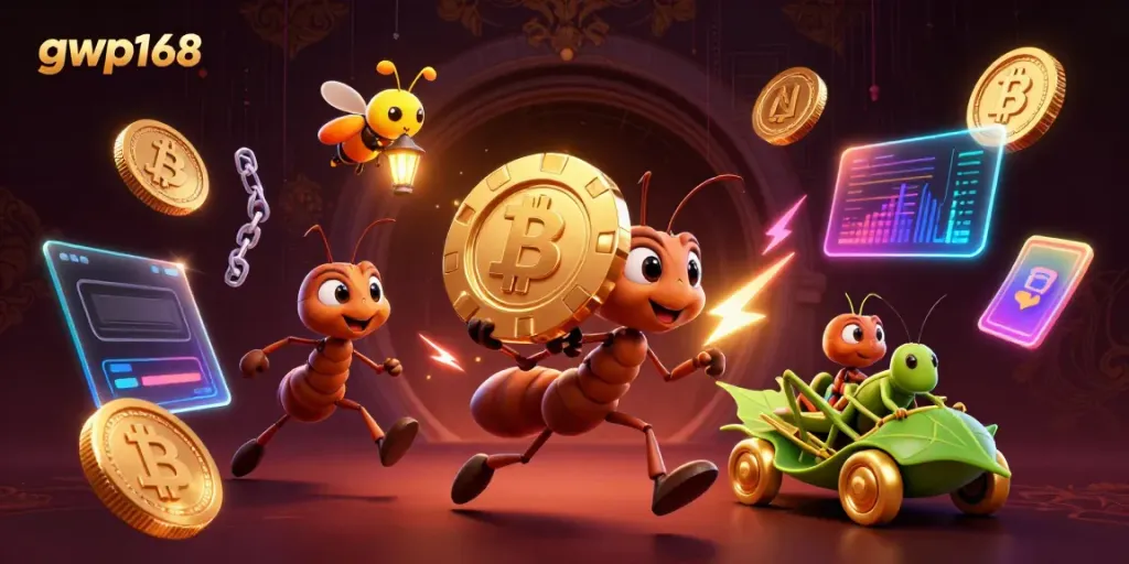 gwp168 menghadirkan ilustrasi 3D tim semut mencuri chip poker emas di kasino virtual yang penuh aksesoris digital