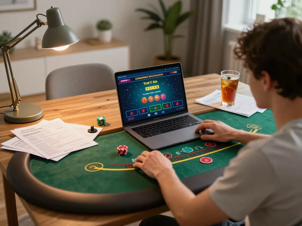 Engaging with badak178 live dealer blackjack at home, featuring strategic notes and modern decor.