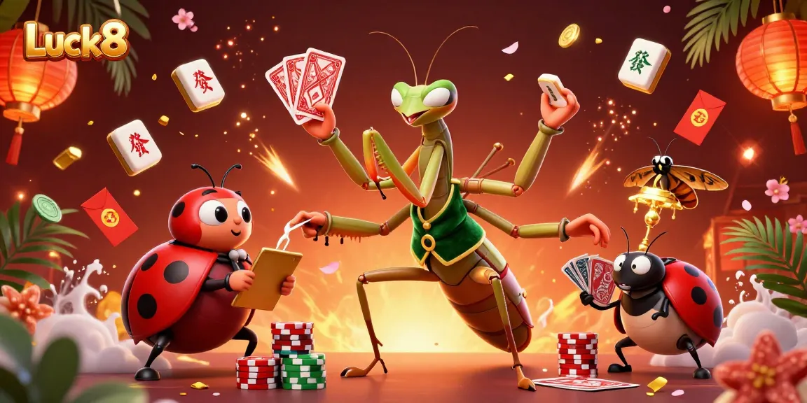 Luck8 gaming scene with a giant praying mantis card dealer and ladybug pit boss, surrounded by festive casino elements