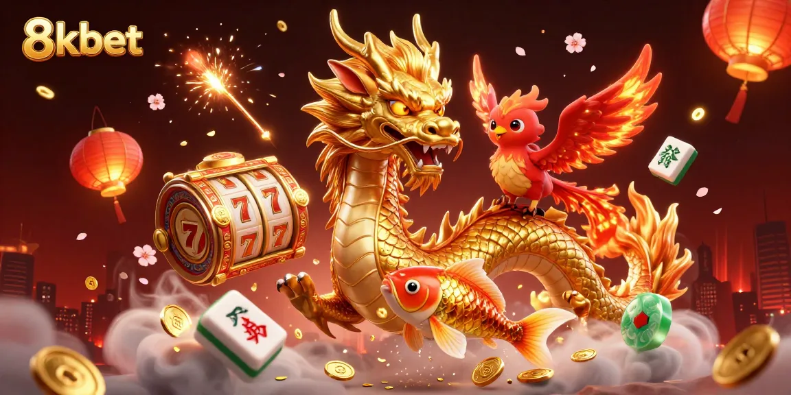 Experience the excitement of 8kbet with a vibrant casino-themed 3D illustration featuring a dragon, phoenix, and koi fish.