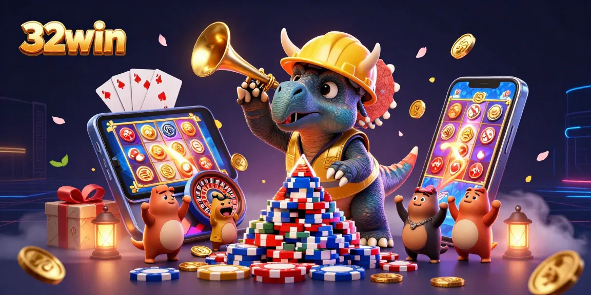 32win players celebrating with poker chips and a vibrant slot game surrounding them, showcasing excitement in gambling.
