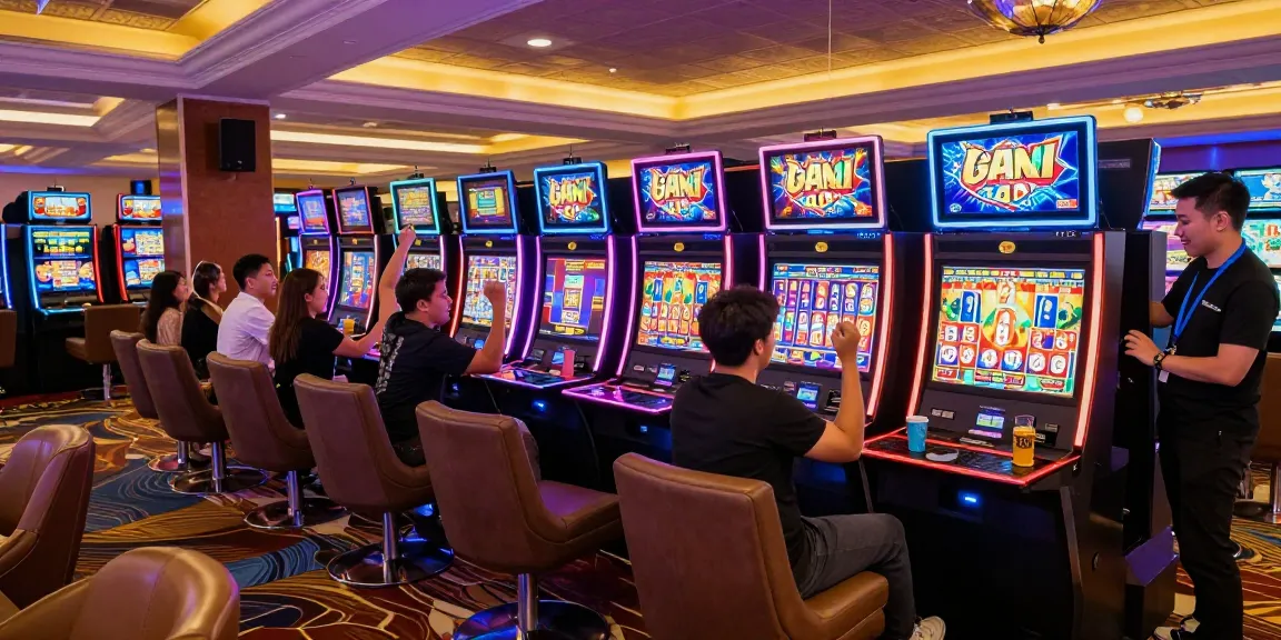 Thrilled players celebrating a win on slot gacor 4D machines in a vibrant casino.