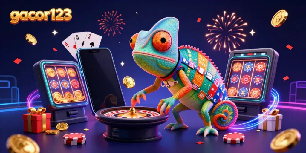 Experience big wins with gacor123 in an energetic casino scene full of vibrant characters and games.