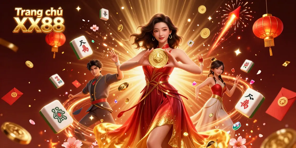 Engage with the vibrant festivities of Trang chủ XX88 featuring a stunning Asian woman holding a golden coin amidst celebratory elements.