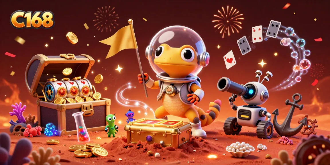 C168: Uncover the excitement of online gaming with a vibrant Martian casino scene featuring colorful treasures and dynamic gameplay elements.