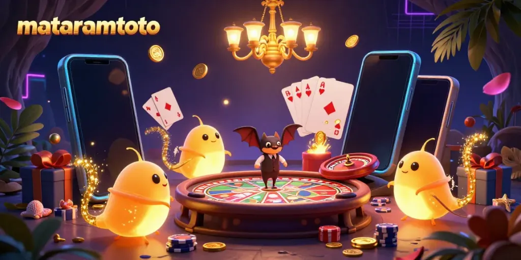 Experience the excitement of mataramtoto in a vibrant casino scene with animated glowworms and a bat dealer.