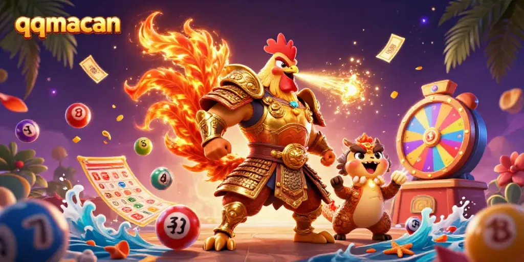 Experience thrilling wins with qqmacan's vibrant 3D illustration of a rooster warrior, dragon, and lucky symbols.