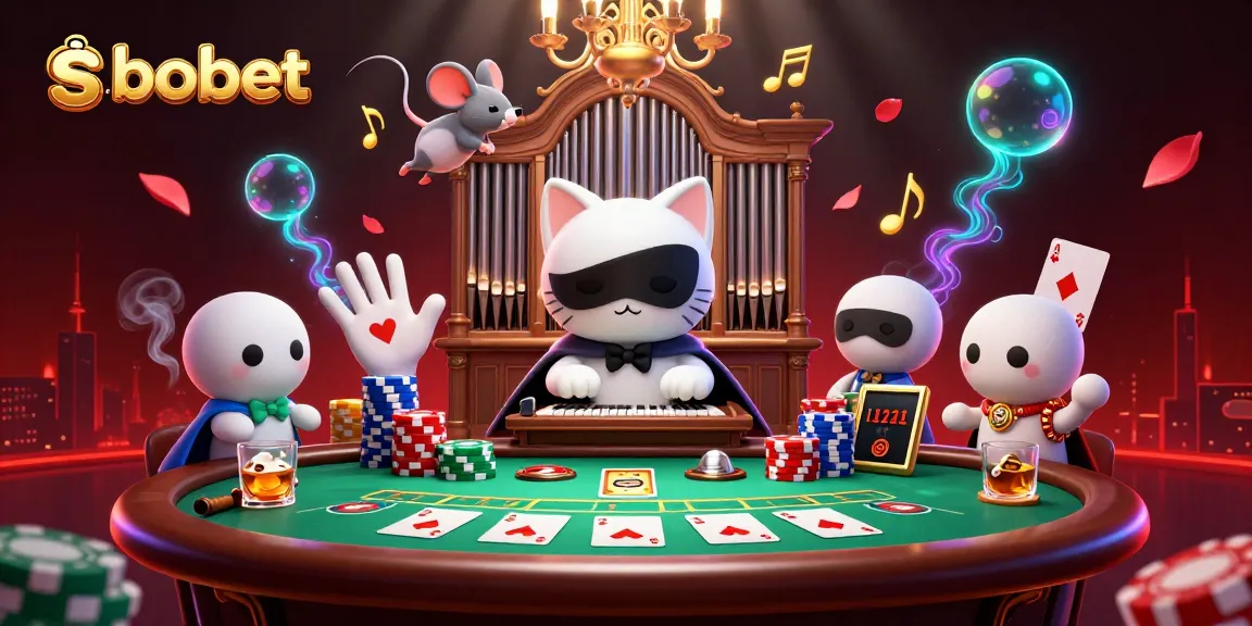 Experience sbobet's thrilling action with a phantom cat and acrobat in a vibrant gambling scene.