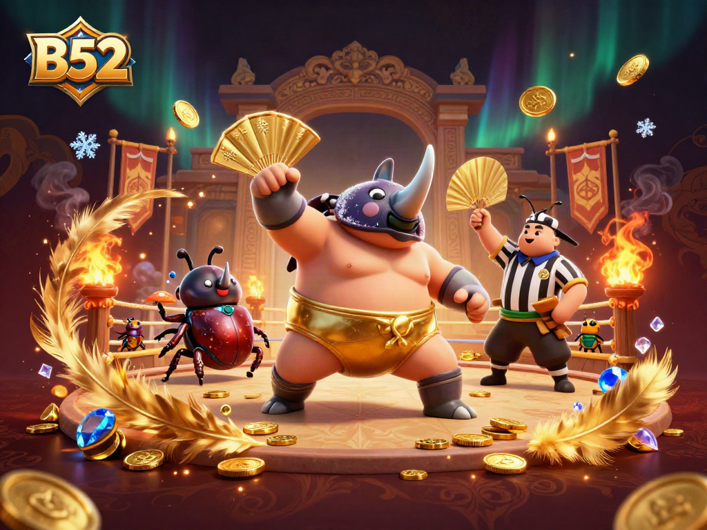 B52 Casino: Sumo champion beetle dominates while golden coins scatter in thrilling gaming arena