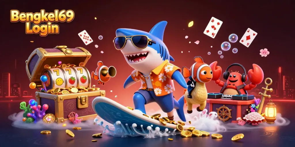 Engage in thrilling gameplay with Bengkel69 Login featuring a shark surfing on gold coins.