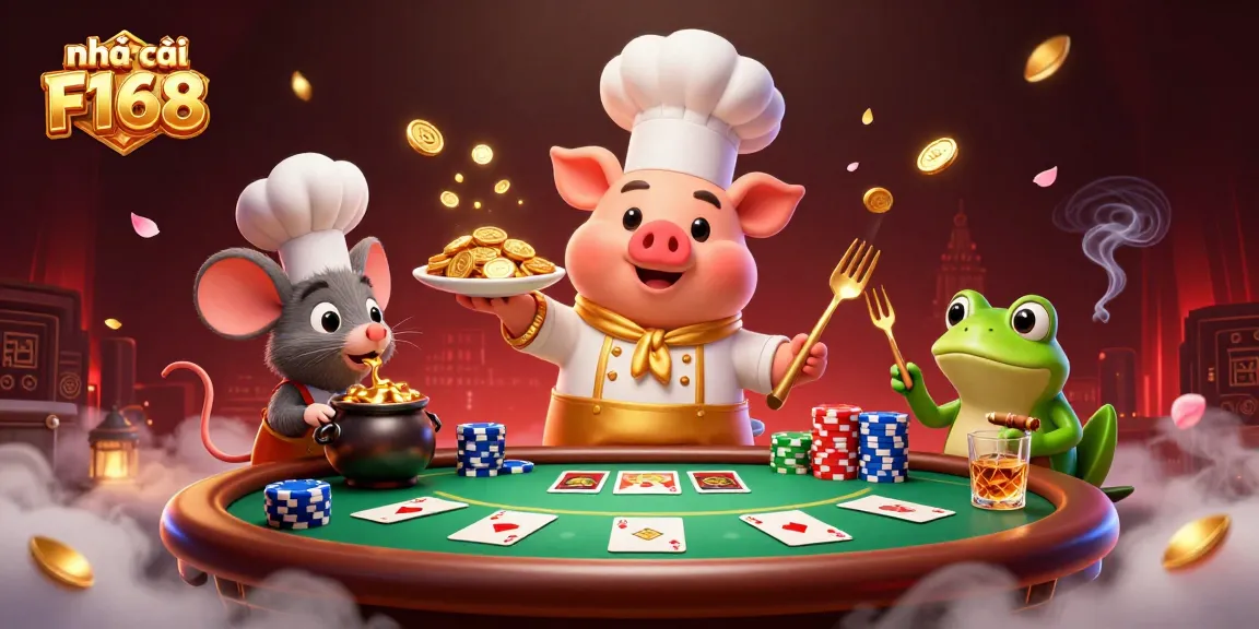 Experience the excitement of nhà cái F168 with characters enjoying a vibrant casino atmosphere amidst flying poker chips and glittering gold coins.