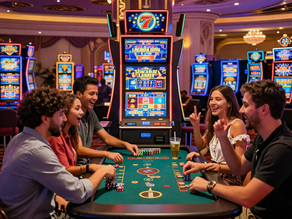 Exciting casino scene with friends celebrating Lucky777 game night.