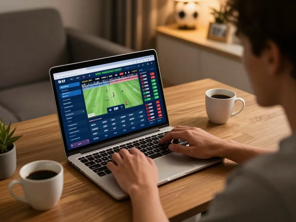 Utente coinvolto che piazza scommesse strategiche sulla piattaforma del bookmaker non AAMS durante eventi sportivi dal vivo.