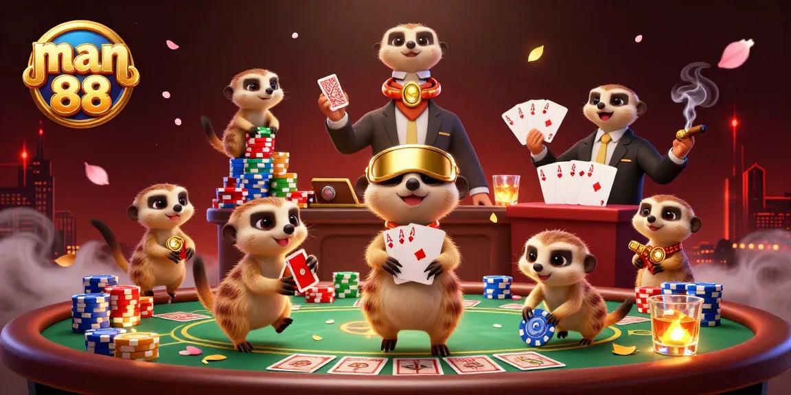 Experience man 88's vibrant casino ambiance with playful meerkats engaging in thrilling poker action.