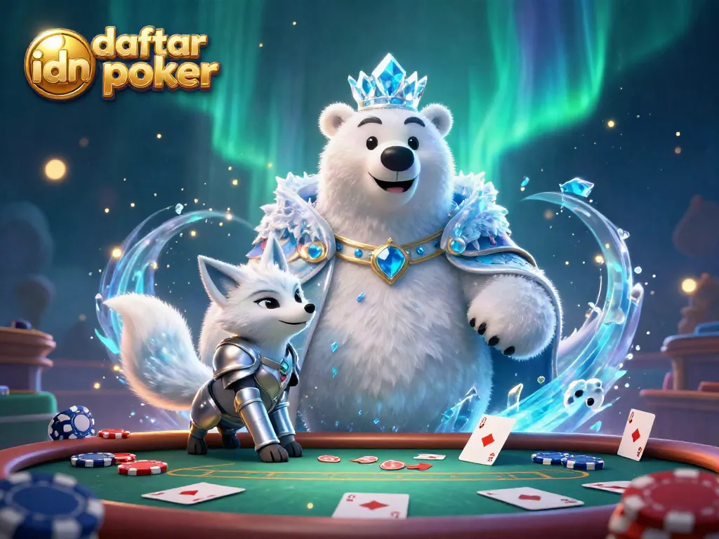 Engage with daftar idn poker through this vibrant illustration featuring an ice king and snow fox in a casino atmosphere.