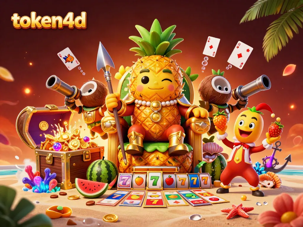 Ilustrasi kasino 3D ceria dengan karakter token4d, raja nanas emas dan simbol keberuntungan