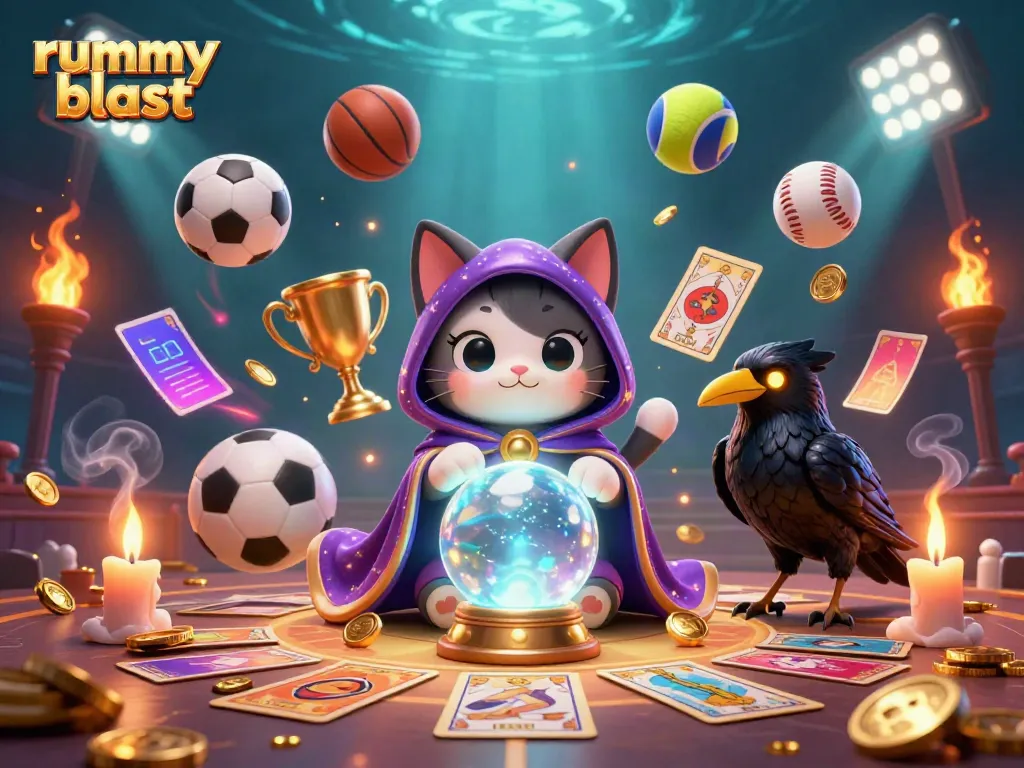 Win big with rummy blast in this vibrant, engaging casino-themed illustration filled with dynamic game elements.