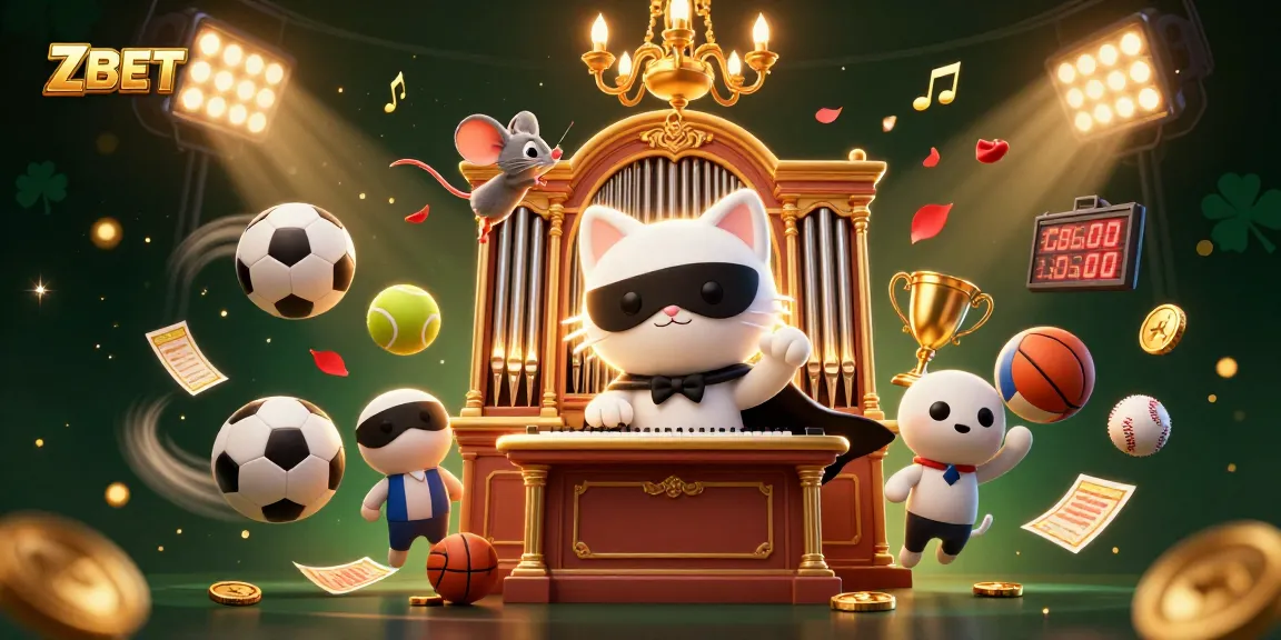 ZBET reveals a vibrant casino scene with a phantom cat at a pipe organ surrounded by sports elements.