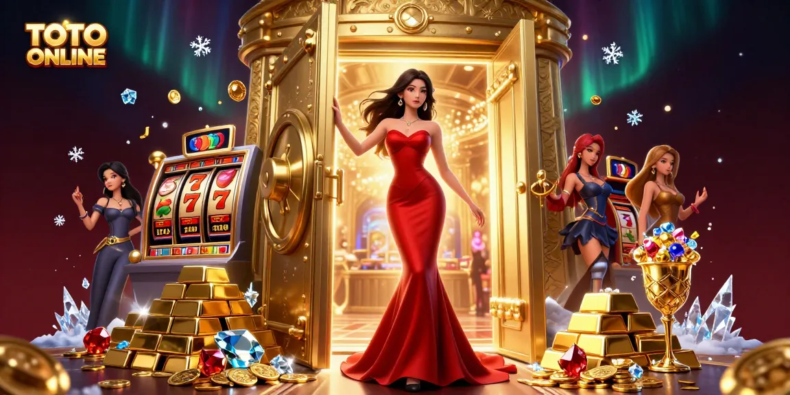 TOTO ONLINE showcases a glamorous casino scene with stunning visuals, featuring a beautiful Asian woman in a red gown amidst slot elements.