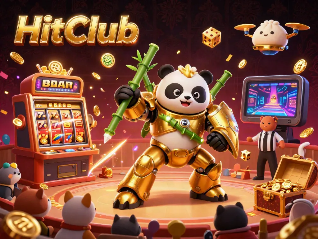 Experience the vibrant gameplay action at HitClub with a dynamic scene filled with slot machines and cheering spectators.