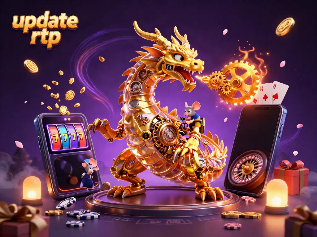 Update RTP with dynamic slot game visuals, featuring a golden dragon and scattered casino elements.